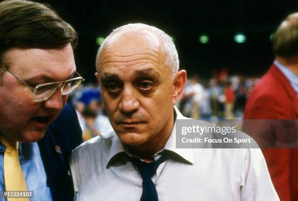 Head coach Jerry Tarkanian of the UNLV Runnin' Rebels looks on during an NCAA College basketball game circa 1987. Tarkanian coached at UNLV from...