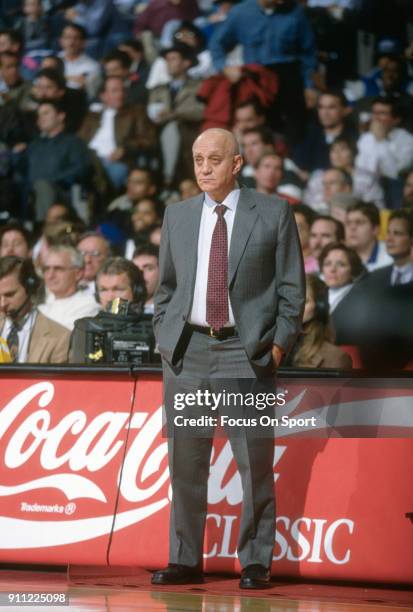 Head coach Jerry Tarkanian of the San Antonio Spurs looks on against the Washington Bullets during an NBA basketball game circa 1992 at the Capital...