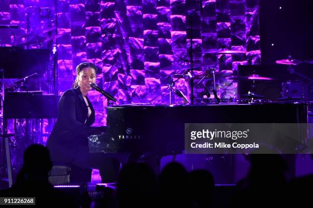 Recording artist Alicia Keys performs onstage during the Clive Davis and Recording Academy Pre-GRAMMY Gala and GRAMMY Salute to Industry Icons...