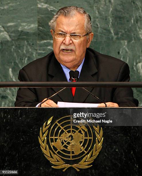 President of Iraq Jalal Talabani addresses the United Nations General Assembly at the U.N. Headquarters on September 24, 2009 in New York City. This...