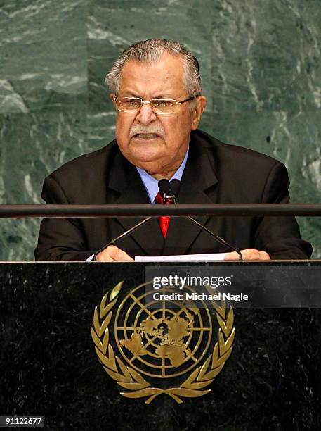 President of Iraq Jalal Talabani addresses the United Nations General Assembly at the U.N. Headquarters on September 24, 2009 in New York City. This...