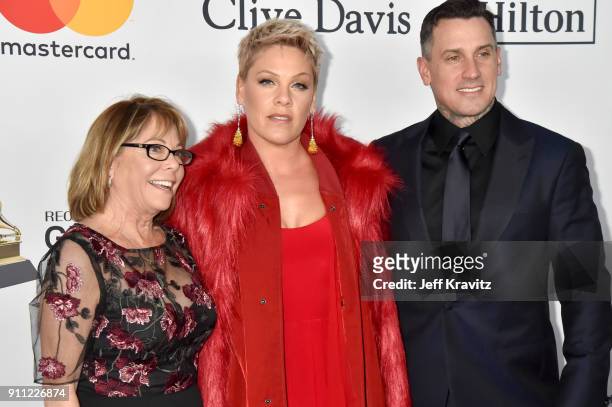 Judith Moore, Pink and Carey Hart attend the Clive Davis and Recording Academy Pre-GRAMMY Gala and GRAMMY Salute to Industry Icons Honoring Jay-Z on...