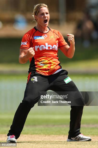 Katherine Brunt of the Scorchers celebrates bowling out Claire Koski of the Renegades during the Women's Big Bash League match between the Perth...