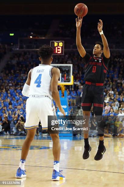 Kezie Okpala of the Stanford Cardinal shoots over Jaylen Hands of the UCLA Bruins in the first half at Pauley Pavilion on January 27, 2018 in Los...