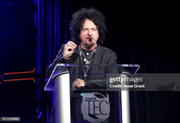 Guitarist Steve Lukather speaks onstage at the 33rd Annual TEC Awards during NAMM Show 2018 at the Hilton Anaheim on January 27, 2018 in Anaheim,...