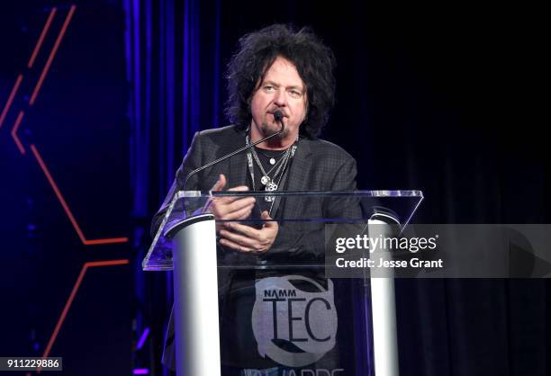 Guitarist Steve Lukather speaks onstage at the 33rd Annual TEC Awards during NAMM Show 2018 at the Hilton Anaheim on January 27, 2018 in Anaheim,...