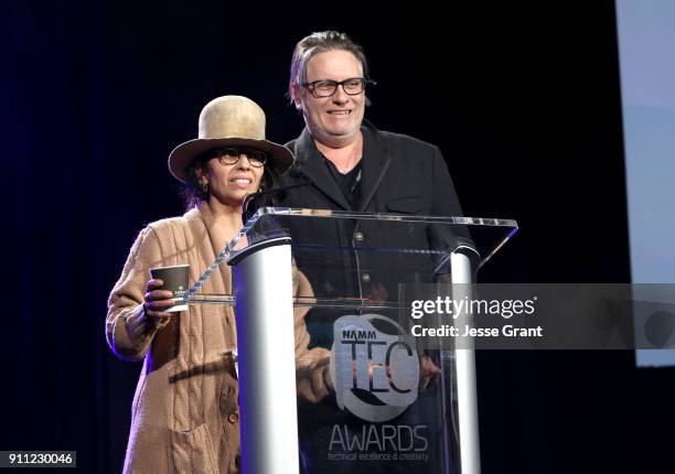 Linda Perry and Kerry Brown speak onstage at the 33rd Annual TEC Awards during NAMM Show 2018 at the Hilton Anaheim on January 27, 2018 in Anaheim,...