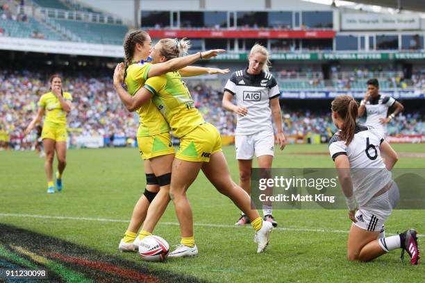 Emma Tonegato and Dominique Du Toit of Australia celebrate victory at the end of final match against New Zealand during day three of the 2018 Sydney...