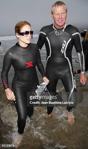 Actress Jennifer Lopez participates in the 2008 Nautica Malibu Triathlon at Zuma Beach on September 14, 2008 in Malibu, California.