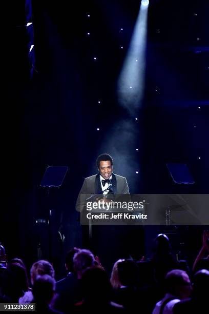 Recording artist Jay-Z speaks onstage during the Clive Davis and Recording Academy Pre-GRAMMY Gala and GRAMMY Salute to Industry Icons Honoring Jay-Z...
