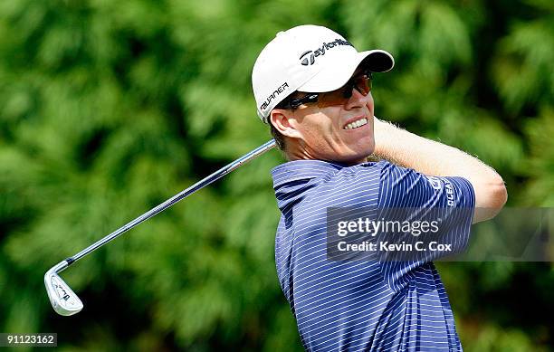 John Senden of Australia tees off the second hole during the first round of THE TOUR Championship presented by Coca-Cola, the final event of the PGA...