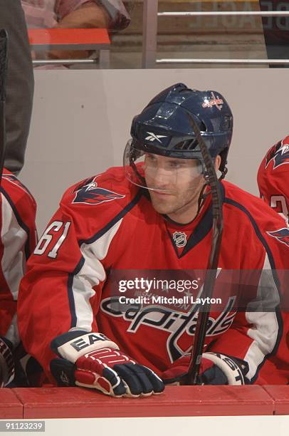 Andrew Joudrey of the Washington Capitals looks on during a NHL preseason hockey game game against the Buffalo Sabres on Sptember 21, 2009 at Verizon...