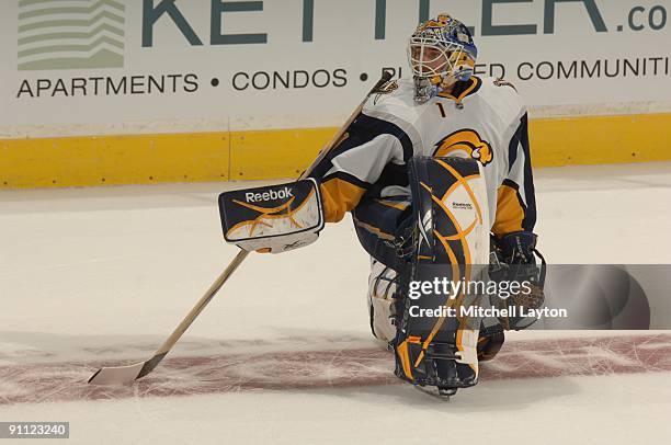 Jhonas Enroth of the Buffalo Sabres warms up before a NHL preseason hockey game game against the Washington Capitals on Sptember 21, 2009 at Verizon...