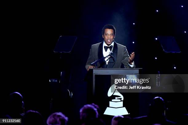 Recording artist Jay-Z performs onstage during the Clive Davis and Recording Academy Pre-GRAMMY Gala and GRAMMY Salute to Industry Icons Honoring...