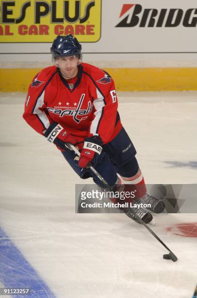 Andrew Joudrey of the Washington Capitals warms up before a NHL preseason hockey game game against the Buffalo Sabres on September 21, 2009 at...