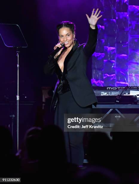 Recording artist Alicia Keys performs onstage during the Clive Davis and Recording Academy Pre-GRAMMY Gala and GRAMMY Salute to Industry Icons...