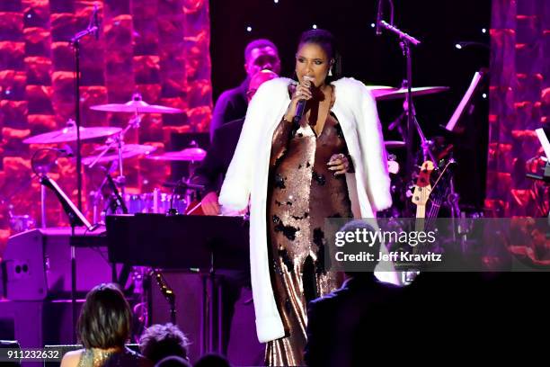 Recording artist Jennifer Hudson performs onstage during the Clive Davis and Recording Academy Pre-GRAMMY Gala and GRAMMY Salute to Industry Icons...