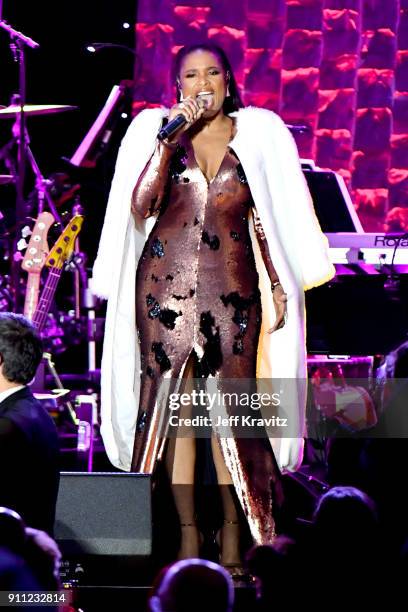 Recording artist Jennifer Hudson performs onstage during the Clive Davis and Recording Academy Pre-GRAMMY Gala and GRAMMY Salute to Industry Icons...