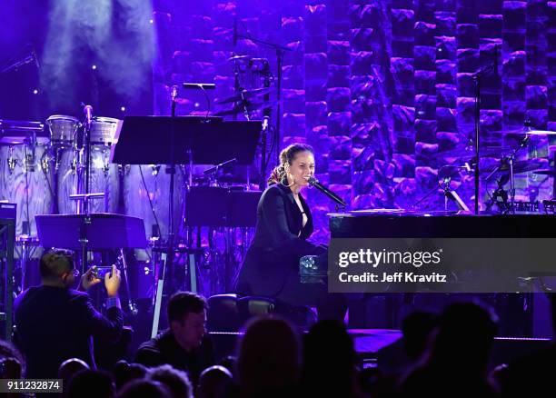 Recording artist Alicia Keys performs onstage during the Clive Davis and Recording Academy Pre-GRAMMY Gala and GRAMMY Salute to Industry Icons...