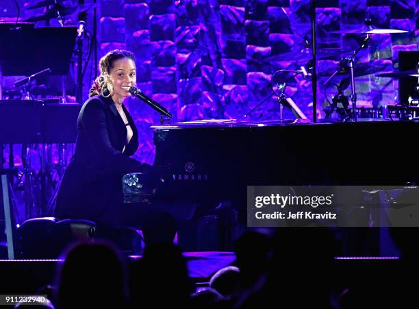 Recording artist Alicia Keys performs onstage during the Clive Davis and Recording Academy Pre-GRAMMY Gala and GRAMMY Salute to Industry Icons...