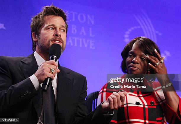 Actor Brad Pitt and Lower Ninth Ward homeowner Deidra Taylor discuss post-Katrina New Orleans at the Clinton Global Initiative September 24, 2009 in...