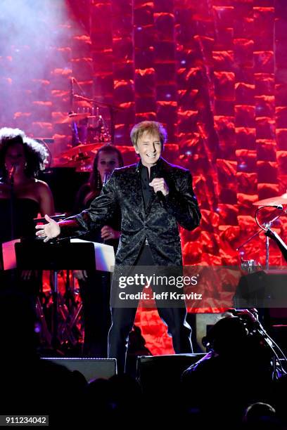 Recording artist Barry Manilow performs onstage during the Clive Davis and Recording Academy Pre-GRAMMY Gala and GRAMMY Salute to Industry Icons...