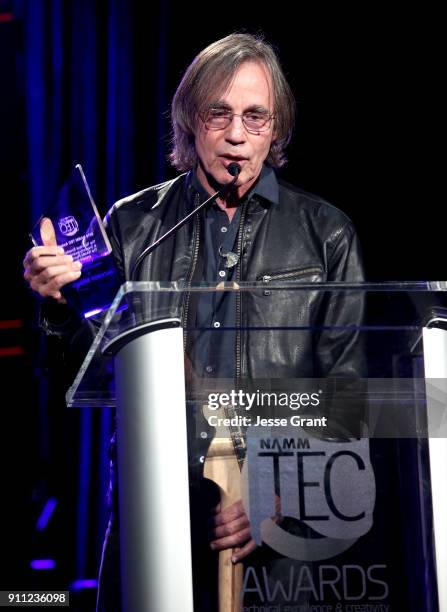 Singer Jackson Browne accepts the Les Paul Award onstage at the 33rd Annual TEC Awards during NAMM Show 2018 at the Hilton Anaheim on January 27,...