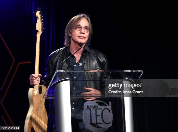 Singer Jackson Browne accepts the Les Paul Award onstage at the 33rd Annual TEC Awards during NAMM Show 2018 at the Hilton Anaheim on January 27,...