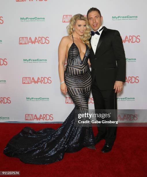 Adult film actress Anikka Albrite and her husband, adult film actor/director Mick Blue, attend the 2018 Adult Video News Awards at the Hard Rock...