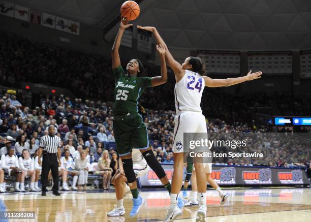 Tulane Green Wave Center Harlyn Wyatt shoots over UConn Huskies Forward Napheesa Collier during the game as the UConn Huskies host the Tulane Green...