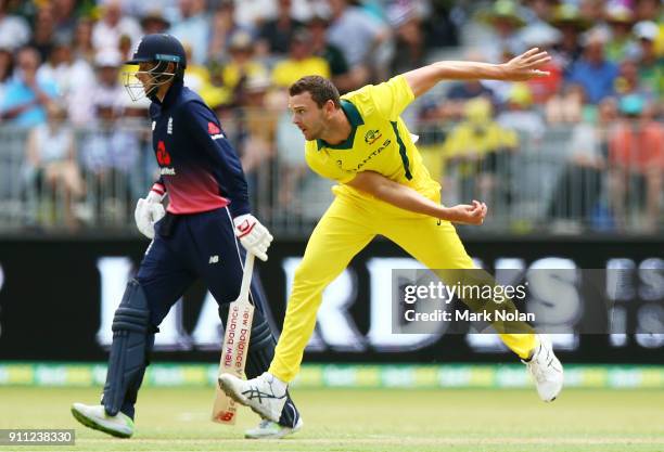 Josh Hazelwood of Australia bowls during game five of the One Day International match between Australia and England at Perth Stadium on January 28,...