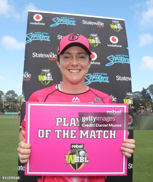 Sixers Sarah Coyte poses with the player of the match sign after winning the Women's Big Bash League match between the Sydney Sixers and the Adelaide...