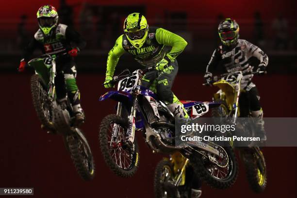 Dylan Merriam competes in the 450SX heat 1 of the Monster Energy AMA Supercross at the University of Phoenix Stadium on January 27, 2018 in Glendale,...