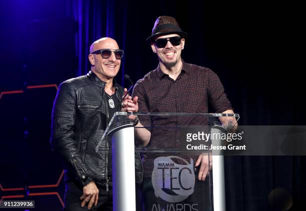 Kenny Aronoff and Salvador Santana speak onstage at the 33rd Annual TEC Awards during NAMM Show 2018 at the Hilton Anaheim on January 27, 2018 in...