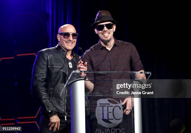 Kenny Aronoff and Salvador Santana speak onstage at the 33rd Annual TEC Awards during NAMM Show 2018 at the Hilton Anaheim on January 27, 2018 in...