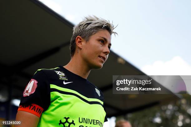 Michelle Heyman of Canberra United takes the field during the round 13 W-League match between Canberra United and the Newcastle Jets at McKellar Park...