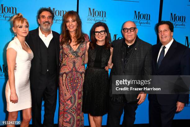 Anna Faris, Chuck Lorre, Allison, Gemma Baker, Eddie Gorodetsky, Peter Roth attend CBS And Warner Bros. Television's "Mom" Celebrates 100 Episodes at...