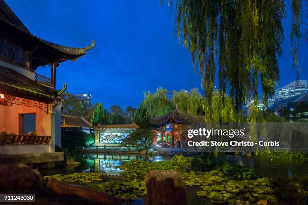 The Chinese Garden of Friendship in Sydney's Chinatown by night at Darling Harbour on December 15, 2017 in Sydney, Australia