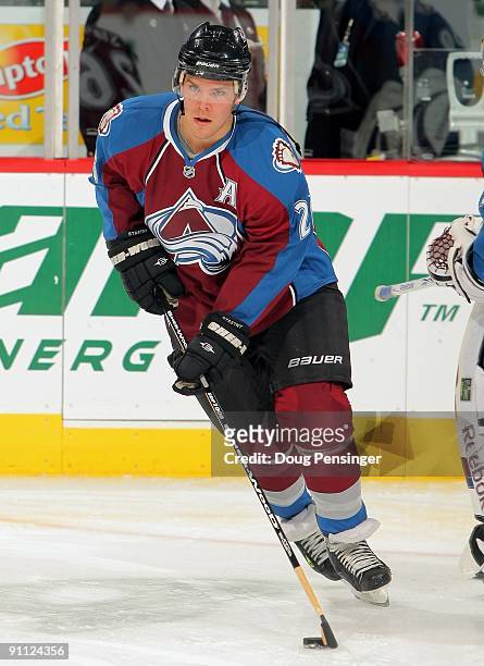 Paul Stastny of the Colorado Avalanche warms up prior to facing the Los Angeles Kings during preseason NHL action at the Pepsi Center on September...