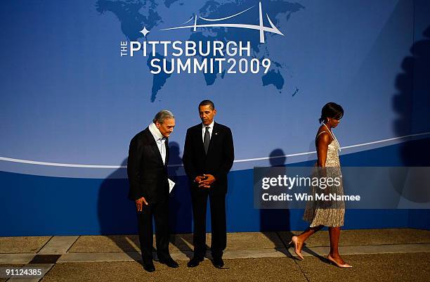 President Barack Obama greets Saudi Arabia's Minister of Foreign Affairs Saud Al Faisal at the welcoming dinner for G-20 leaders at the Phipps...