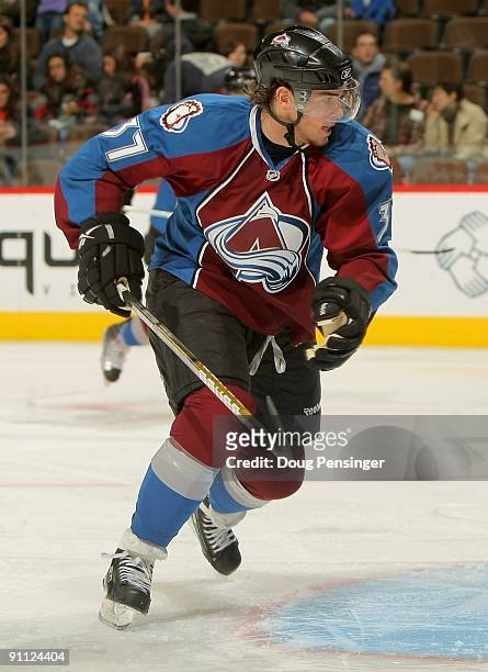 Ryan O'Reilly of the Colorado Avalanche skates against the Los Angeles Kings during preseason NHL action at the Pepsi Center on September 23, 2009 in...