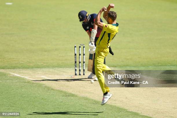 Andrew Tye of Australia celebrates the wicket of Jake Ball of England during game five of the One Day International match between Australia and...