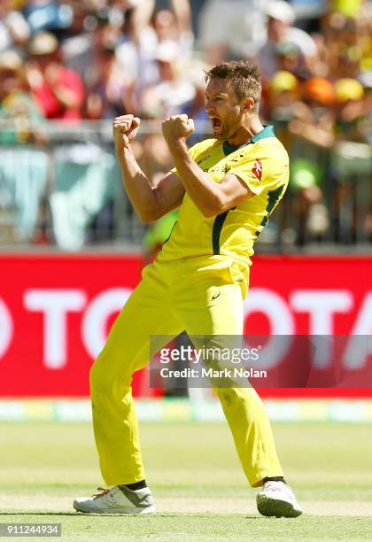 Andrew Tye of Australia celebrates getting the final wicket during game five of the One Day International match between Australia and England at...