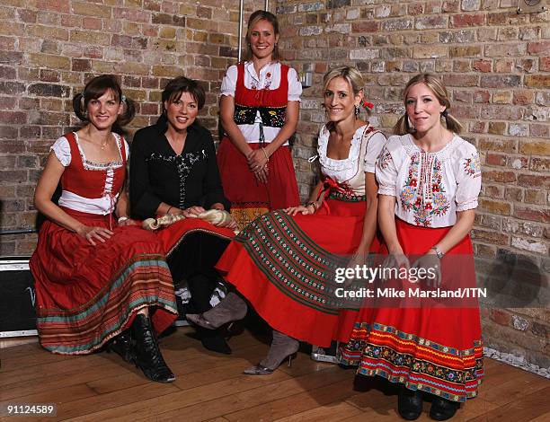 Fiona Bruce, Kate Silverton, Sophie Raworth, Emily Maitlis and Joanne Gosling of the BBC news team pose ahead of their performance at the "Newsroom's...