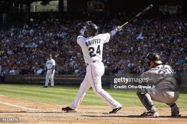 Ken Griffey Jr of the Seattle Mariners makes a hit during the game against the New York Yankees on September 20, 2009 at Safeco Field in Seattle,...