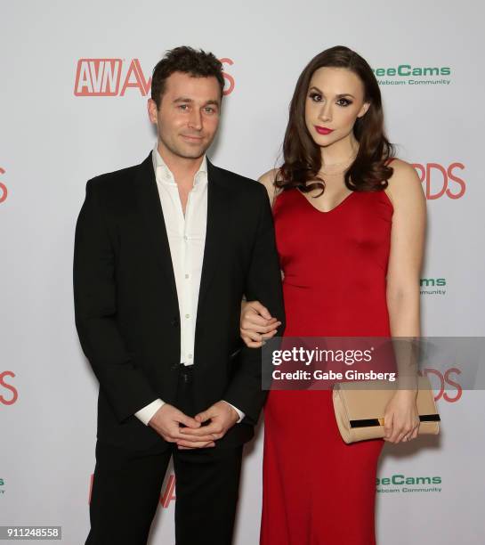 Adult film actor/director James Deen and adult film actress Chanel Preston attend the 2018 Adult Video News Awards at the Hard Rock Hotel & Casino on...