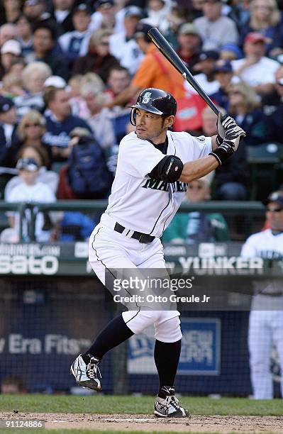 Ichiro Suzuki of the Seattle Mariners swings at the pitch during the game against the New York Yankees on September 20, 2009 at Safeco Field in...