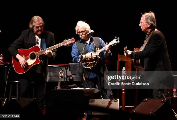 Musicians John Jorgenson, Chris Hillman and Herb Pedersen perform onstage in support of Chris Hillman's album 'Bidin My Time' at Thousand Oaks Civic...