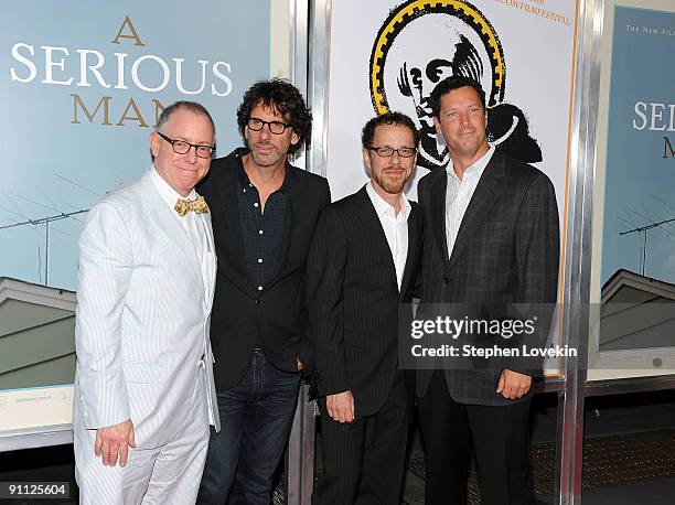 Focus Features CEO James Schamus, filmmakers Joel Coen and Ethan Coen, and Focus Features president Andrew Karpen attend the "A Serious Man" premiere...