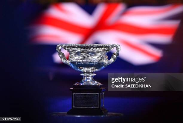 The Norman Brookes Challenge Cup is displayed before the men's singles final match between Croatia's Marin Cilic and Switzerland's Roger Federer on...